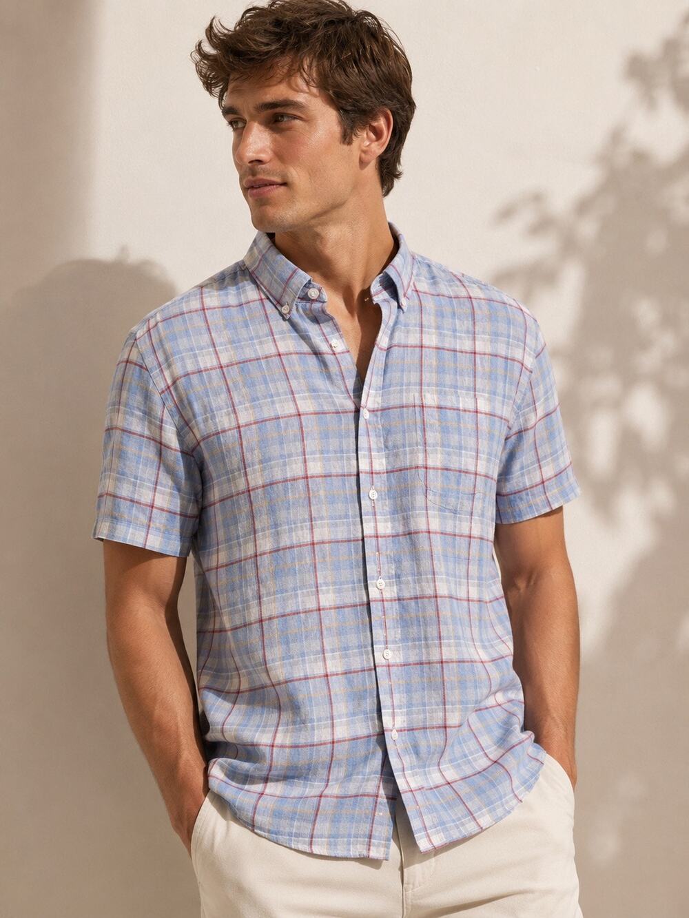 UnTuckIt | Preppy Summer Linen Vacation Plaid Men’s Button Down Casual Shirt